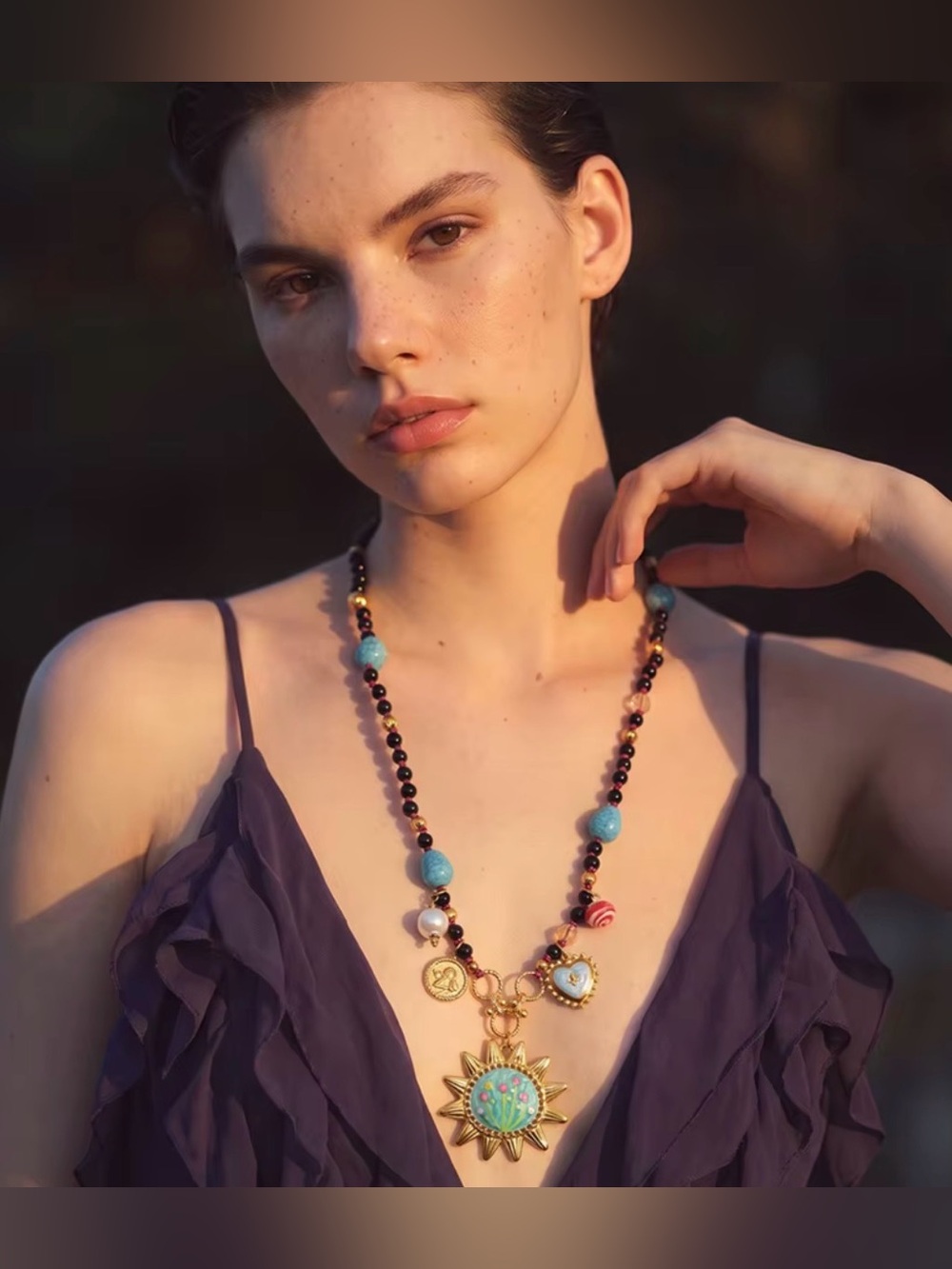 Sara Sotti Bohemian Sunburst Pendant Necklace with Natural Turquoise Beads